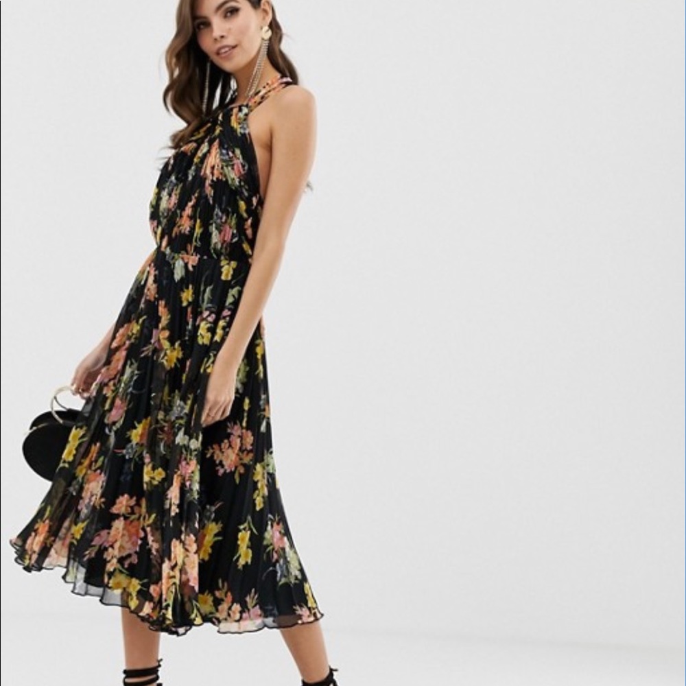 Pleated floral midi dress